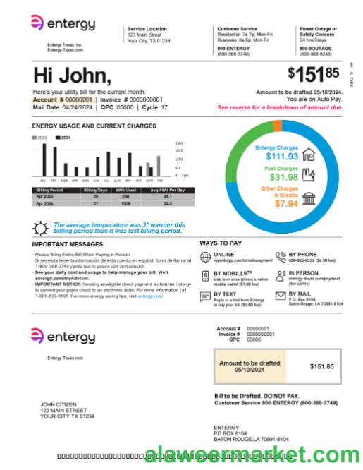USA Texas entergy utility bill 2pages in PSD format page 1